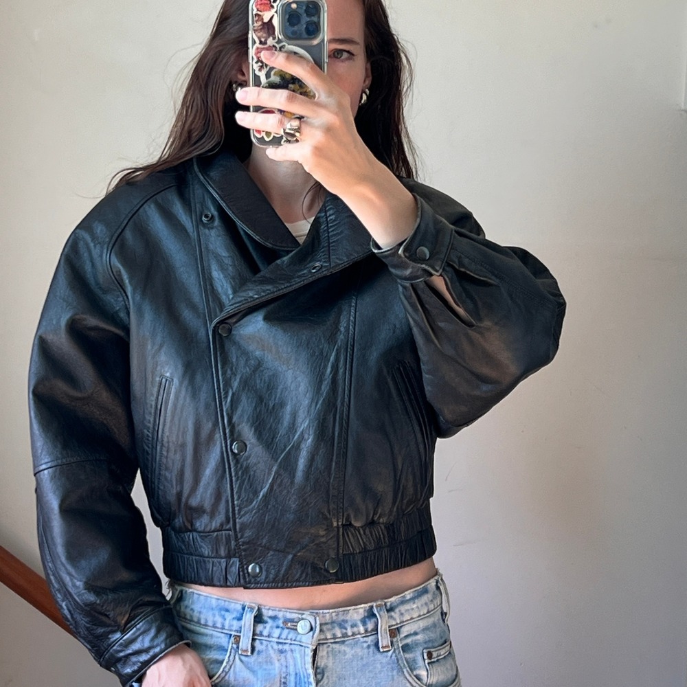 Vintage 80s Leather Jacket Black Cropped Statement Bomber Moto‎ Biker 90s - Picture 5 of 10